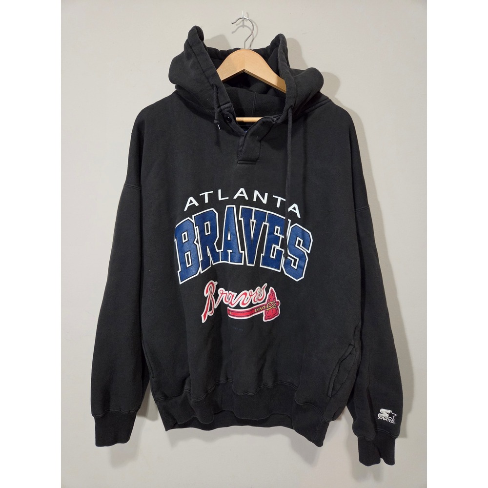 Starter Atlanta Braves Hoodie Mens XL Black Vintage MLB Pullover Sweatshirt